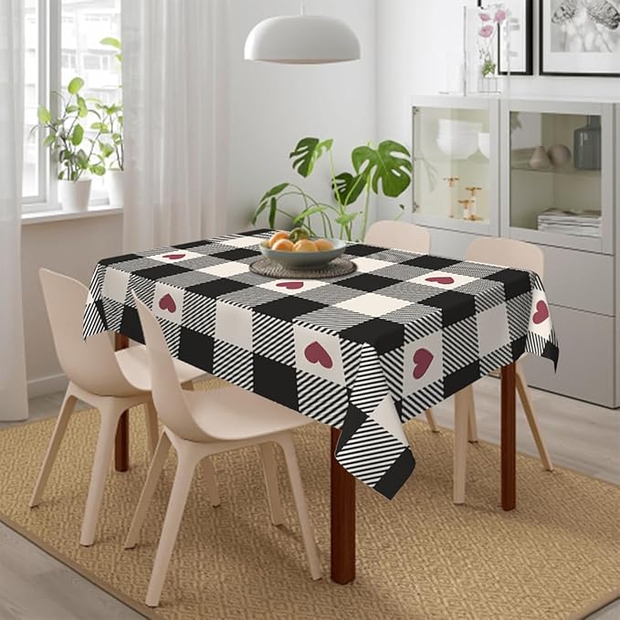 Decorative Rectangle Table Cloths Checkered Valentines Black Plaid Red Heart Tablecloth Table Cover for Dining/BBQ/Picnic/Coffee Table 52 X 70 Inches