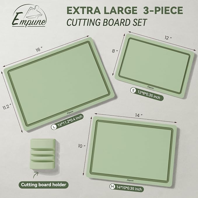 Empune 3-Piece Plastic Cutting Boards for Kitchen - Thick & Non-Slip Chopping Board Set with Juice Grooves, Dishwasher Safe, BPA Free, Includes Large & Small Sizes, Green