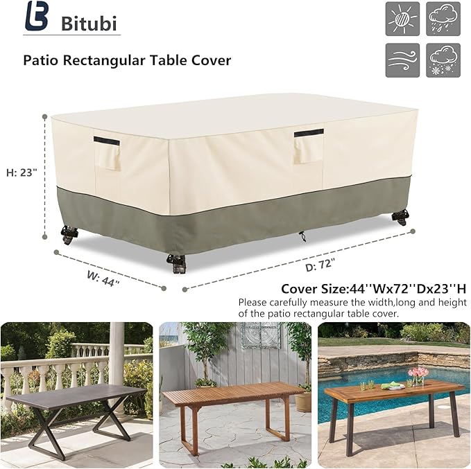 Bitubi 72 Inch Rectangular/Oval Patio Table Cover,Heavy Duty Waterproof Outdoor Table Cover Winter, Patio Furniture Covers, Beige
