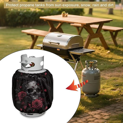 Propane Tank Covers 20lb Retro Outdoor Heavy Duty Waterproof Windproof Gas Tank Cylinder Cover with Elastic Brand, Dress up Your Gas Grill Skull Rose 2 pcs