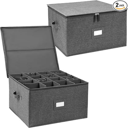 popoly Stemware Storage Cases 2 Pack, Wine Glass Storage Box Containers | Glassware Storage Containers for Glassware or Crystal, Holds 32 Red or White Wine Glasses, Hard Top and Stackable (Grey)