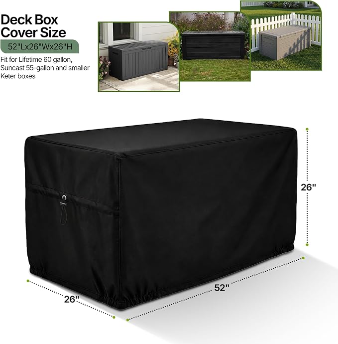 SheeChung Deck Box Cover Waterproof,Patio Storage Box Cover(52"Lx26"Wx26"H) | Heavy Duty 600D Polyester Oxford Cover,Fits Compact Deck Boxes,Adjustable Drawstrings,Anti-fouling