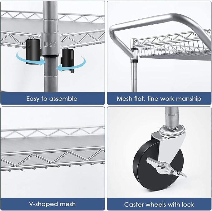 Heavy Duty 3 Tier Utility Cart,Wire Rolling Carts with Wheels, Commercial Grade Service Cart with Shelving Liners and Handle Bar Metal Carts for Kitchen Office Hardware