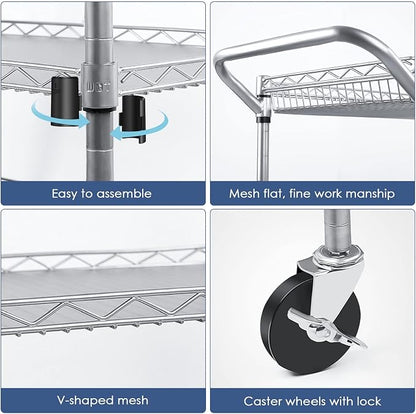 Heavy Duty 3 Tier Utility Cart,Wire Rolling Carts with Wheels, Commercial Grade Service Cart with Shelving Liners and Handle Bar Metal Carts for Kitchen Office Hardware