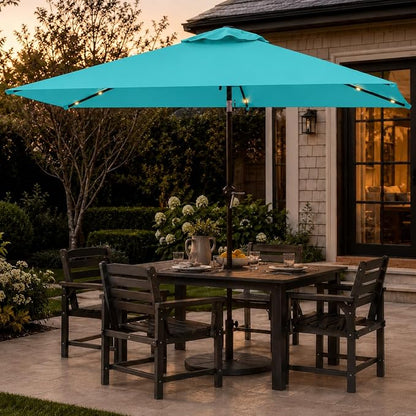 6.5 x 10ft Rectangular Patio Umbrella with Solar Lights, 16 LED Lighted Market Umbrella with Push-Button Tilt and Crank, 6 Sturdy Iron Ribs for Garden, Deck, Pool, Aqua Blue