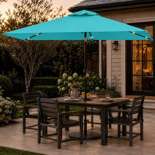 6.5 x 10ft Rectangular Patio Umbrella with Solar Lights, 16 LED Lighted Market Umbrella with Push-Button Tilt and Crank, 6 Sturdy Iron Ribs for Garden, Deck, Pool, Aqua Blue