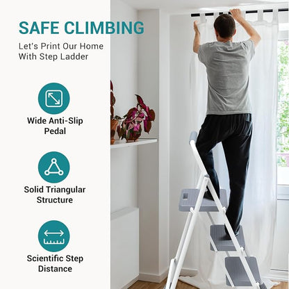 OLIXIS 3 Step Ladder, 880lbs Heavy Duty Step Stool with Anti-Slip Pedal | Portable Stepping Stool with Sturdy Ladder & Comfortable Handrail, for Kitchen, Garage & Outdoor Use, Grey