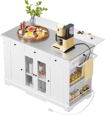 DWVO Kitchen Island with Stainless Steel Top & Power Outlet, 60 Inch Kitchen Island on Wheels with Drop Leaf, Large Rolling Mobile Center Islands w Storage Drawer Cabinet Counter Metal Top, White