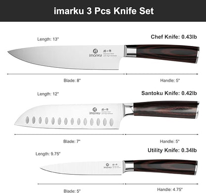 imarku 3 Pieces Knife Set, Japanese High Carbon Stainless Steel Chef Knife Set, Professional Chef Knives with Ergonomic Pakkawood Handle, Ultra Sharp Cooking Knives for Kitchen & Home Cooking