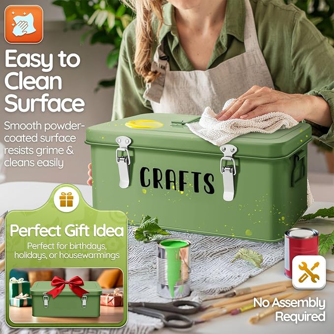 Flexzion 12-Inch Metal Seed Storage Box with Lid, 4 Compartments, Green | Seed packet organizer with dual latches and carry handles for gardening supplies, tools, crafts and household essentials