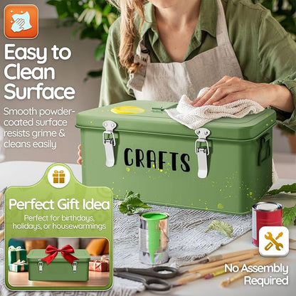 Flexzion 12-Inch Metal Seed Storage Box with Lid, 4 Compartments, Green | Seed packet organizer with dual latches and carry handles for gardening supplies, tools, crafts and household essentials