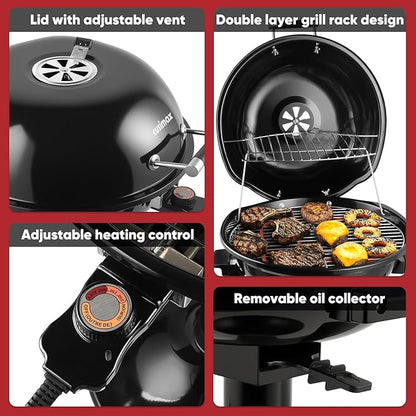 Electric Grill, CUSIMAX Electric Indoor/Outdoor Grill, 1600W Portable BBQ with Lid for Indoor & Outdoor Use, Adjustable Heat, Removable Stand Grill for Cookouts, BBQ Gatherings, Small Spaces