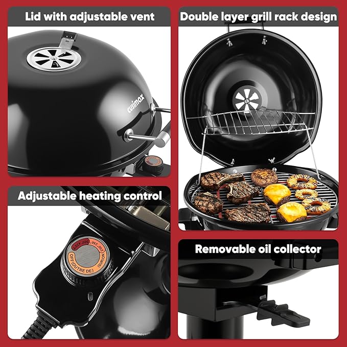 Electric Grill Outdoor, CUSIMAX Electric BBQ Grill, 1600W Portable BBQ with Lid for Cookouts, BBQ Gatherings, Small Spaces, Adjustable Heat, Removable Stand Grill, Oil Collector