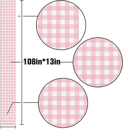 Pink Gingham Party Supplies Light Pink and White Checkered Table Runner Easter Baby Shower BBQ Picnic Home Kitchen Island Decor (Pink, 13" x 108")