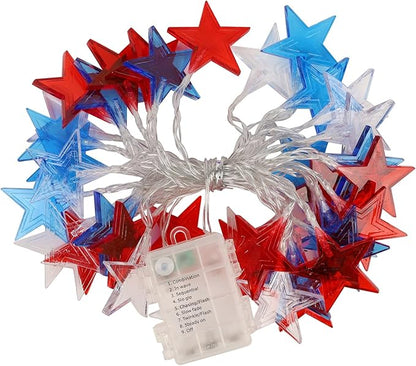 July 4th Red Blue and White Star Lights, 40LED 19FT Patriotic String Lights with Stars Battery Operated, 8 Lighting Modes & Timer, Waterproof Outdoor Independence Day Memorial Day Holiday Party Decor