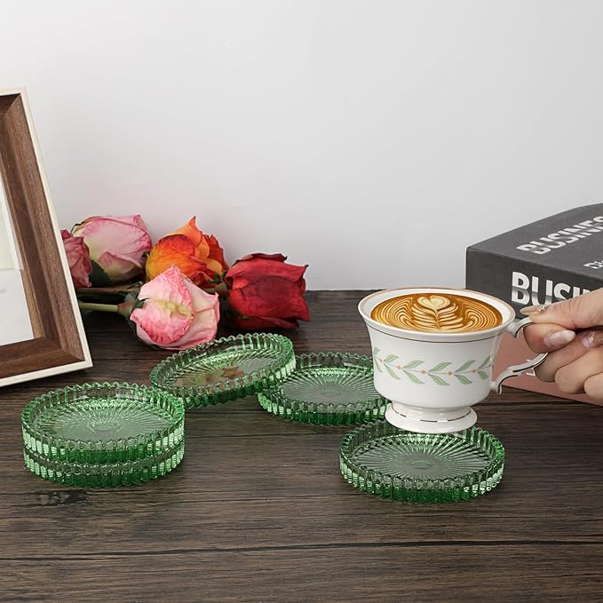 Modern Clear Coaster Set of 8- Glass Coasters for Drinks Crystal Coasters Round Cup Coaster Coffee Table Decor for Office, Kitchen, Bar, Dining Room, Living Room, Patio(Clear Green)