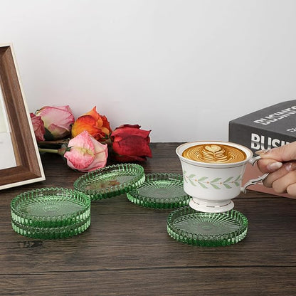 Modern Clear Coaster Set of 8- Glass Coasters for Drinks Crystal Coasters Round Cup Coaster Coffee Table Decor for Office, Kitchen, Bar, Dining Room, Living Room, Patio(Clear Green)
