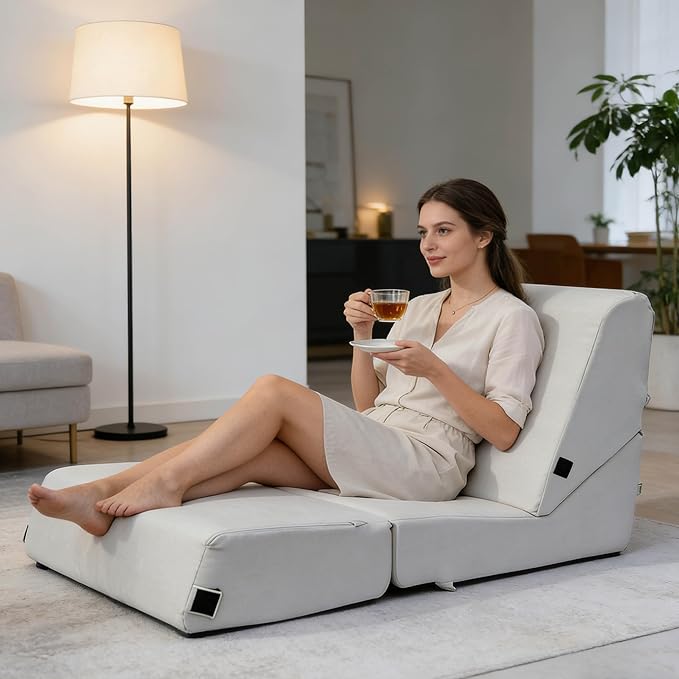 jela Luxury Indoor Chaise Lounge, Foldable Sofa Bed Chair with Soft Foam & Machine Washable Cover (Miss Sand)