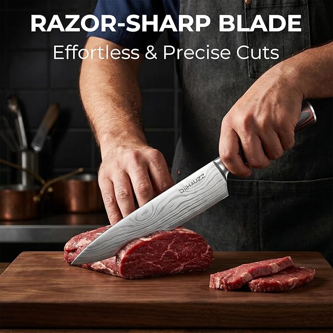 DiiHAUZZ 8 Inch Chef Knife, High Carbon Stainless Steel - Ultra Sharp Kitchen Gyutou Knife for Slicing Meat, Dicing Vegetables and Daily Meal Prep, Ergonomic Handle with Sheath, Fathers Day Gift