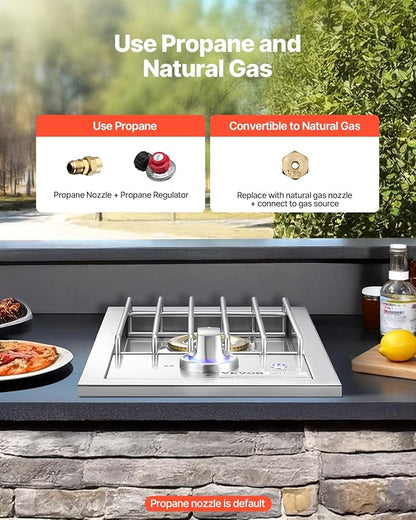 VEVOR Single Grilling Side Burner, 17,000BTU Liquid Propane Side Burner for Outdoor Kitchen, Convertible to Natural Gas, 304 Stainless Steel Built-in Single Grill Burners with LED for BBQ Grill Island