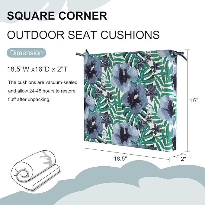 DYTXIII Set of 4 Outdoor Chair Cushions, Water Resistant 18.5"x16"x2" Square Seat Cushion for Patio Dining Chairs, High-Density Replacement Pads for Indoor Outdoor Furniture - Blue Salmone Tropical