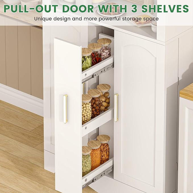 kepptory 75”Arched Pantry Cabinets with Microwave Shelf, Tall Kitchen Pantry Storage Cabinet with Drawer and Adjustable Shelves, Cupboards with LED Light for Kitchen, Living Room, Dining Room Use