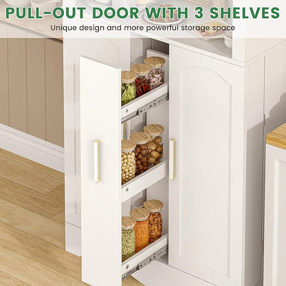 kepptory 75”Arched Pantry Cabinets with Microwave Shelf, Tall Kitchen Pantry Storage Cabinet with Drawer and Adjustable Shelves, Cupboards with LED Light for Kitchen, Living Room, Dining Room Use