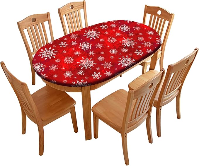 Christmas Oval Fitted Tablecloth - Red Snowflakes Print Elastic Edged Cover, Fits up to 54X76 in Tables, Windproof for Indoor Restaurant and Outdoor Dining Decor