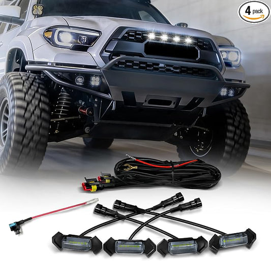 OPT7 4PCS Front LED Grille Lights for Tacoma TRD PRO 2016 2017 2018 2019 2020 2021 2022 2023, with Wire Harness and Fuse Tap, White Grill Light, Smoke Lens