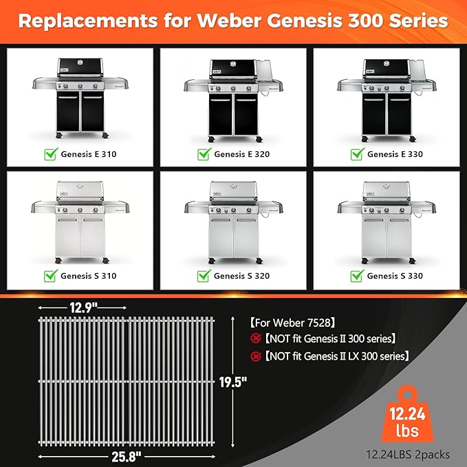 QuliMetal 19.5" Grill Grates for Weber Genesis 300 Series (2007-2016), Genesis E310 E320 E330 S310 S320 S330 EP310 EP320 EP330 Grills, Stainless Steel Part for Weber 7528 7524