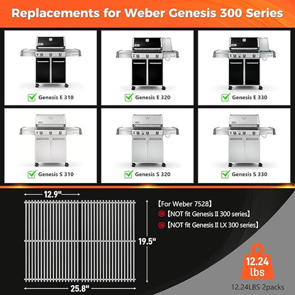 QuliMetal 19.5" Grill Grates for Weber Genesis 300 Series (2007-2016), Genesis E310 E320 E330 S310 S320 S330 EP310 EP320 EP330 Grills, Stainless Steel Part for Weber 7528 7524