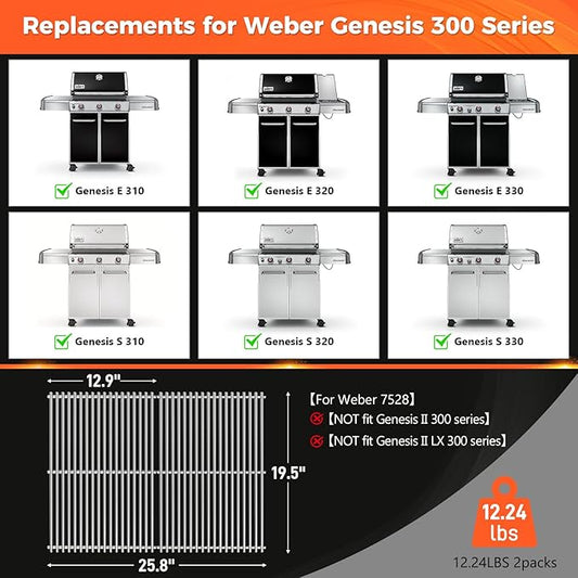 QuliMetal 19.5" Grill Grates for Weber Genesis 300 Series (2007-2016), Genesis E310 E320 E330 S310 S320 S330 EP310 EP320 EP330 Grills, Stainless Steel Part for Weber 7528 7524