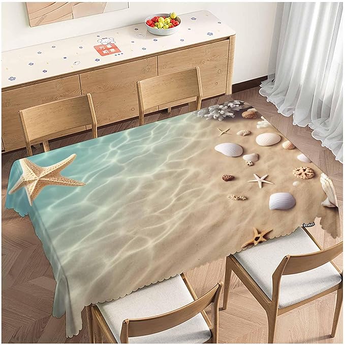 Starfish Dinner Table Cloths Tropical Ocean Beach Starfish Seashell Decorative Tablecloth for Rectangle Tables 52"X70", Heavy Duty Table Covers for Kitchen Patio Banquet Blue