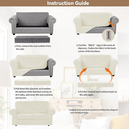 WEERRW Velvet Stretch 3 Pieces Couch Cover for Sofa Washable, Ivory | Love Seat Couch Covers for 2 Cushion Couch Sofa Furniture Protector slipcoves with Elastic Bottom for Kids, Medium