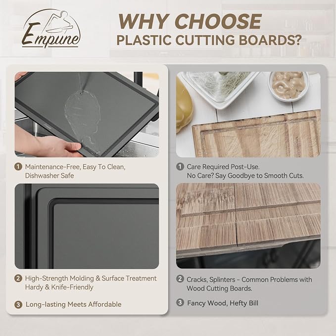 Empune 3-Piece Plastic Cutting Boards for Kitchen - Thick & Non-Slip Chopping Board Set with Juice Grooves, Dishwasher Safe, BPA Free, Includes Large & Small Sizes, Gray