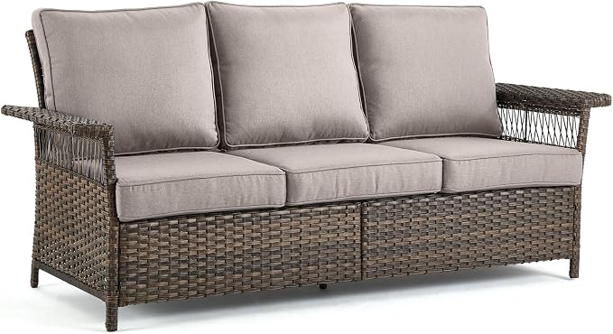 Patio Wicker Sofa 3-Seat Sofa Brown PE Rattan Couch with Water-Resistant Seat Back Cushions Resin Wicker Couch for Garden Balcony Backyard Deck Porch Sunroom, Sofa(1PC), Brown|Grey