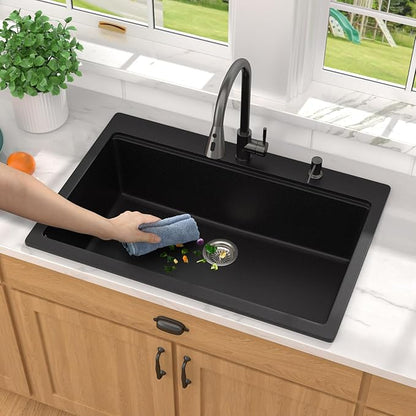 33 Inch Granite Composite Kitchen Sink - Matte Black Drop In Granite Kitchen Sink, Workstation Classic Quartz Top Mount Single Bowl Sinks Basin for Modern Kitchen, 33"x22" #TLGT-107