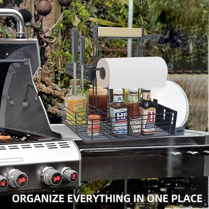 Grill Caddy,BBQ Condiment Organizer for Outdoor, Camping Tailgating Picnic Kitchen Storage Caddy Kitchen Organizer for Camper Magnetic Tool Holder with Paper Towel Holder with Handle Portable