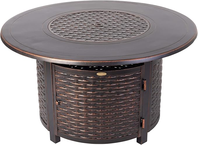 Fire Sense 62373 Florence Woven Aluminum Convertible Gas Fire Pit Table 55,000 BTU Multi-Functional Outdoor with Fire Bowl Lid, Nylon Weather Cover & Clear Fire Glass - Bronze Finish - Round - 44"