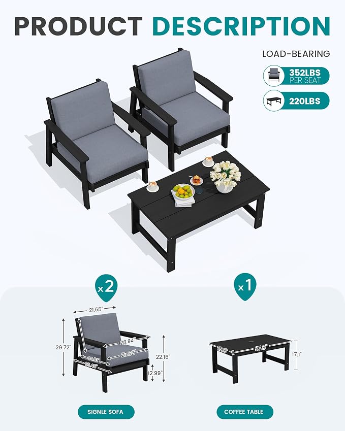 SERWALL HDPE Outdoor Couch, Black Frame and Grey Cushion