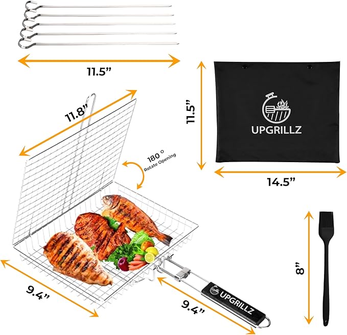 UPGRILLZ Fish Grill Baskets for Outdoor Grill Vegetables, Fish Grilling rack for Grill, BBQ Grilling Basket, Stainless steel Grill Basket for Veggies, shrimp Includes 5 Steel Skewers, Silicon Brush, and Carry Bag