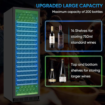 Large Wine Fridge, 200 Bottles Wine Fridge with Fast Cooling and Intelligent Temperature Memory, Wine Cooler Refrigerator Freestanding or Built-in, Tall Wine Refrigerator with Glass Door, Black