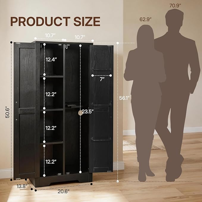NORTHSKY Wooden Storage Cabinet, 55" Broom Closet & Vacuum Cleaner Holder Compatible with Dyson, Utility Cabinet for Brooms&Mops,Cleaning Cabinet w/Doors for Garage,Laundry,Mudroom,Home Office,Black