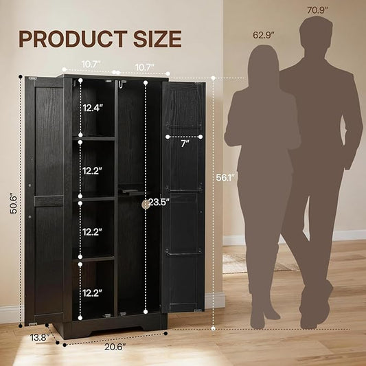 NORTHSKY Wooden Storage Cabinet, 55" Broom Closet & Vacuum Cleaner Holder Compatible with Dyson, Utility Cabinet for Brooms&Mops,Cleaning Cabinet w/Doors for Garage,Laundry,Mudroom,Home Office,Black