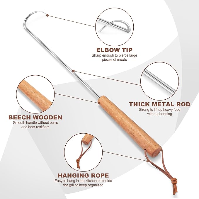 Stainless Steel Pigtail Food Flipper, HaSteeL 17Inch Meat Turner Hook for Right Handed, Grill Accessories Steak Flippers With Wooden Handle for Outdoors Griddle BBQ Grilling Kitchen Cooking, Large