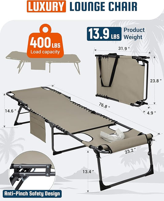 KingCamp Tanning Chair with Face Hole, Lounge Chairs Outdoor Folding Comfy Adjustable 5-Position Lay Flat Foldable Chaise Chaser Lounger for Outside Beach Patio Sun Bathing Pool, Beige
