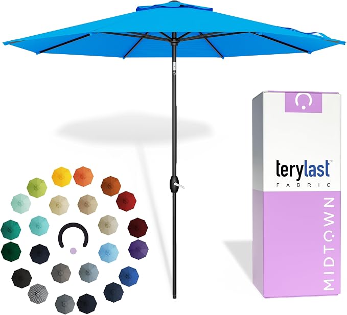Midtown Umbrellas - 10-Year-No-Fade 8 Ft Patio Umbrella with Terylast Fabric, Auto-Tilt Aluminum Frame and 8 Reinforced Ribs for Deck, Pool, Garden & Beach - Cobalt Blue Canopy, Black Pole
