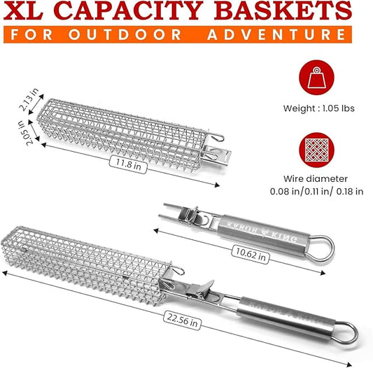 ORIGINAL XL Kabob Grilling Basket Set of 4 with Detachable Handle. UPGRADED DESIGN - New & Improved Stainless Steel Construction with Larger Capacity (12 x 2 x 2) for Outdoor Grilling by Kabob King (With Apron/Storage)