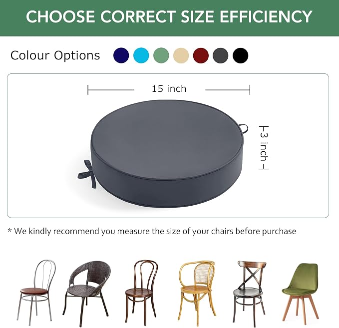 Summsun Outdoor Bistro Chair Cushions Set of 2, 15" D x 3" H Round Chair Cushions Waterproof and Fade Resistant Chair Cushion Pads with Non-Slip Ties and Removable Covers for Garden, Dark Grey
