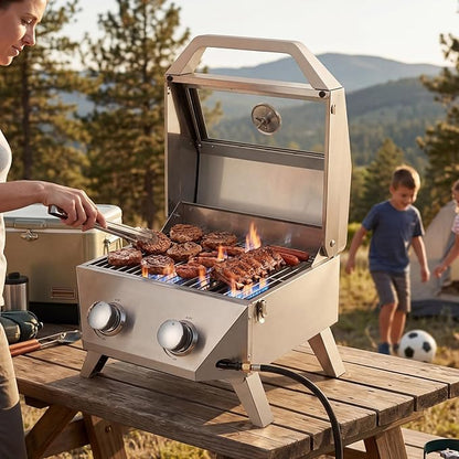 Bestfire 2-Burner Tabletop Gas Grill with Viewing Glass Lid, 20,000 BTU Stainless Steel Portable Propane BBQ Grill, Built-in Thermometer & Push-Button Ignition, for Outdoor Camping, RV, Tailgating